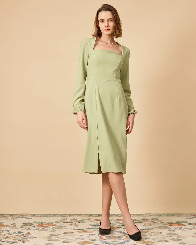 The Solid Square Neck Long Sleeve Dress Summer Essentials