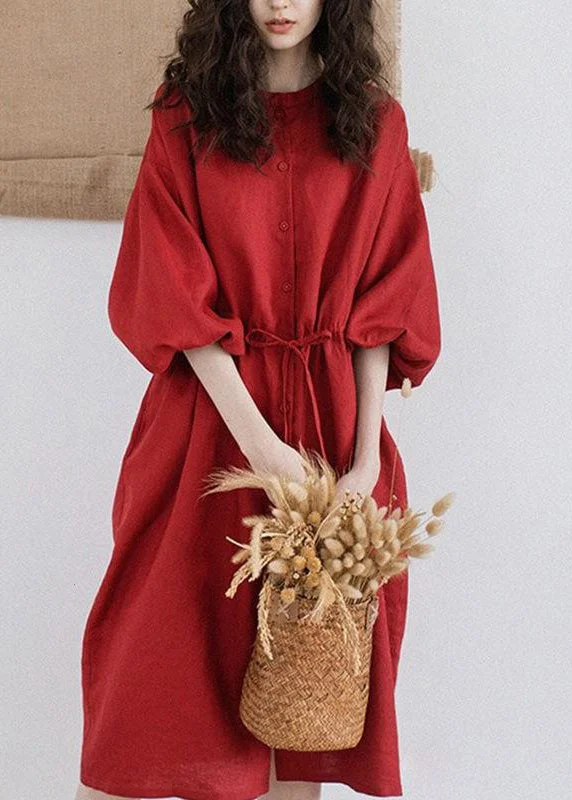 Women Red Stand Collar Drawstring Patchwork Linen Dresses Summer Quality Wear