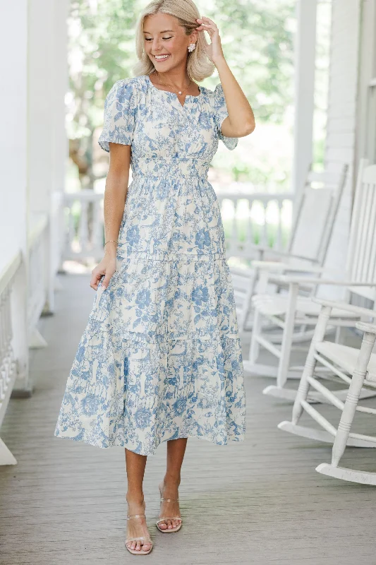 It's In The Air Blue Toile Tiered Midi Dress Special Occasion Wear