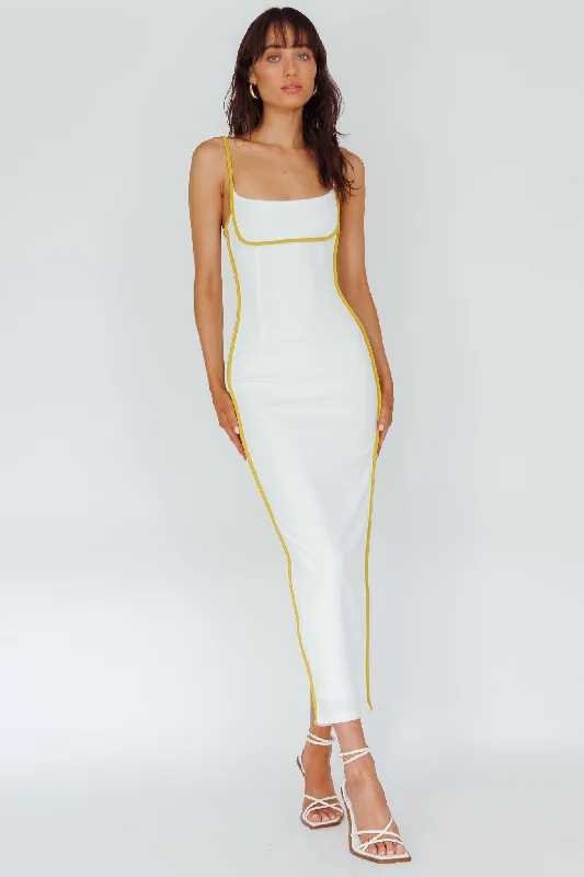 Sunny Coast Piping Trim Maxi Dress White/Yellow Trendy Fashion for Women