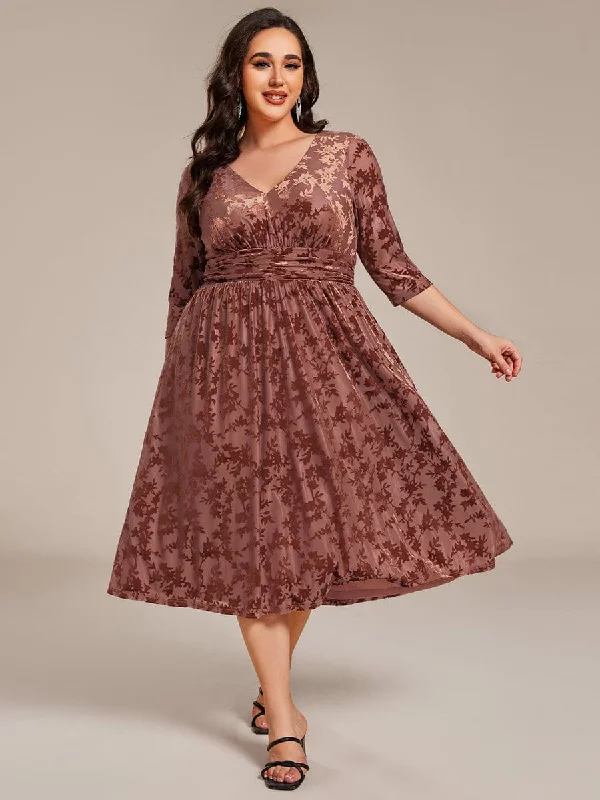 Plus Size 3/4 Sleeve Floral Velvet Wedding Guest Dress with Pockets Premium Style