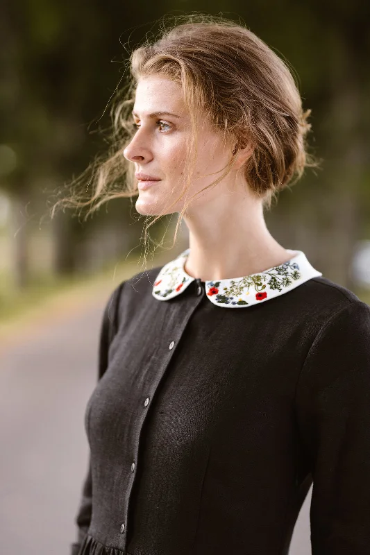 Classic Dress with Embroidered Garden Collar, Long Sleeve Chic Style