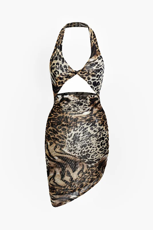 Leopard Print Twist Halter Backless Midi Dress Urban Sophistication