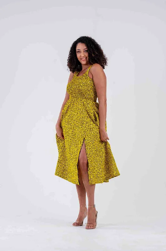 Brielle Ankara Midi Dress | Yellow African Print Romantic Flair