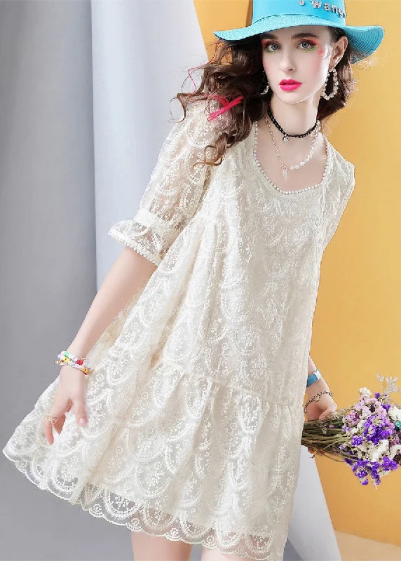 Fitted Beige Square Collar Nail bead Patchwork Lace Mid Dress Petal Sleeve Dive Into Trendy Styles