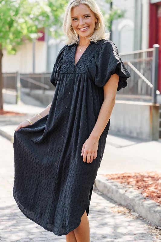 For The Fun Black Textured Midi Dress Chic Style