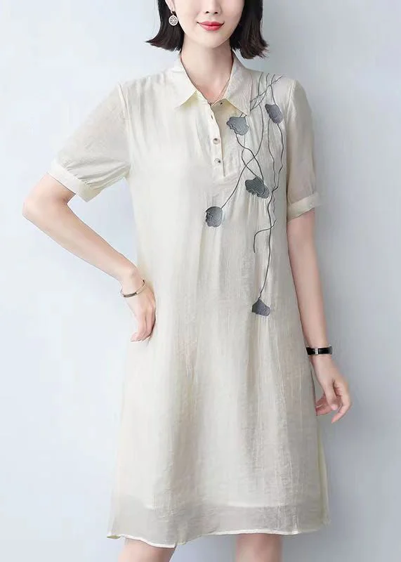 Loose Beige Peter Pan Collar Print Cotton Mid Dress Summer New Arrivals