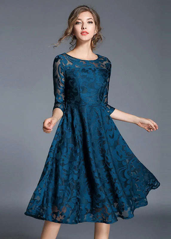 Women Blue Jacquard Wrinkled Patchwork Lace Mid Dress Summer Chic Wardrobe Essentials