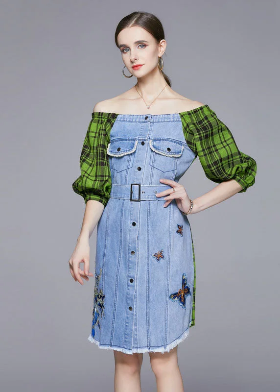 DIY Blue Slash Neck Embroideried Patchwork Cotton Denim Dress Lantern Sleeve Romantic Date - Night Ensemble