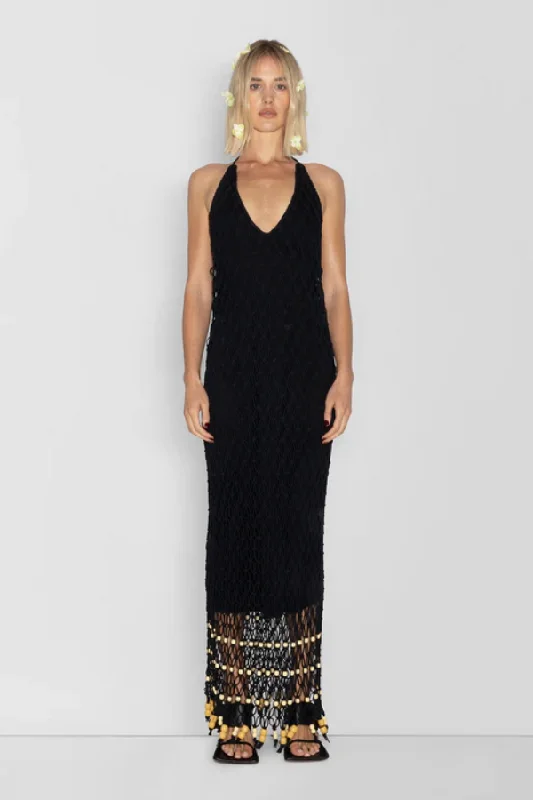 Reis Macrame Maxi Dress Noir Minimalist Elegant