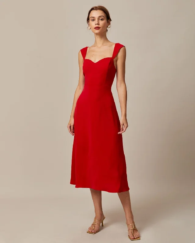 The Red Sweetheart Neck Cap Sleeve Midi Dress Rustic Countryside Charm Look