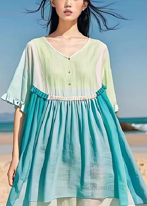 Fine Light Blue Oversized Patchwork Linen Vacation Dress Summer Break Fashion Norms