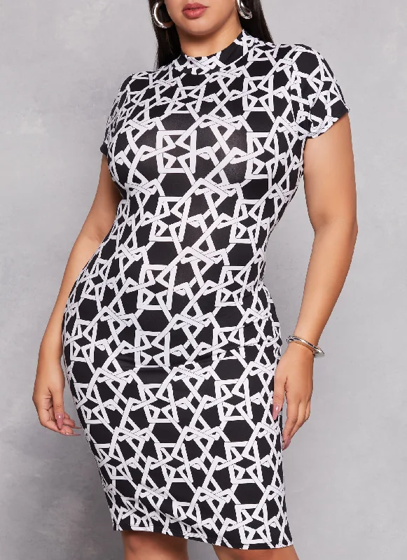 Plus Size Printed Mock Neck Short Sleeve Dress Stupidly Low Prices