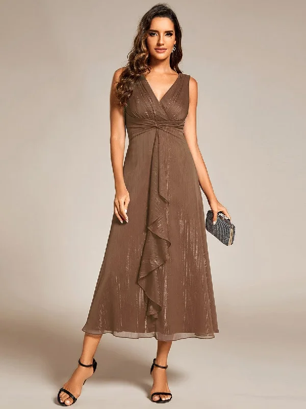 Custom Size Glitter Sleeveless A-Line Midi Wedding Guest Dress with Ruffled Hem Everyday Glamour