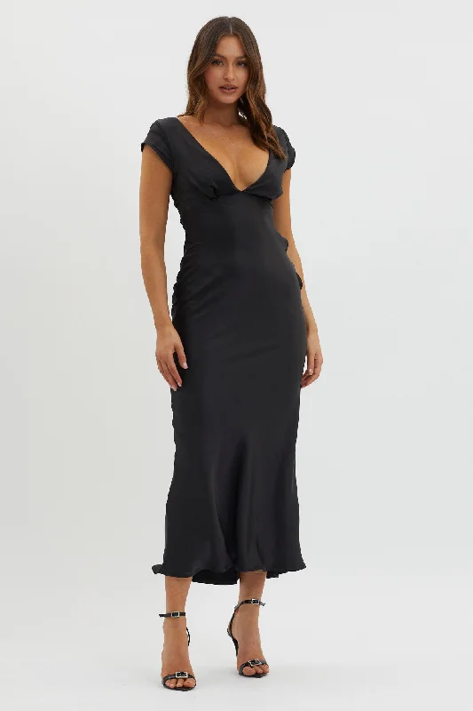 Lucinda V-Neck Twist Back Midi Dress Black Luxury Fashion