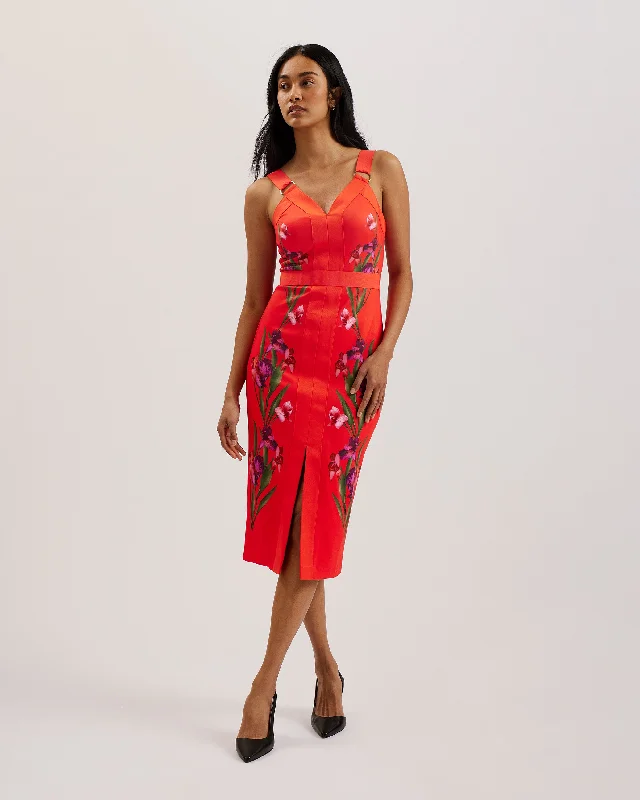 Maceio Printed Bodycon Midi Dress Brt-Red Big Discounts