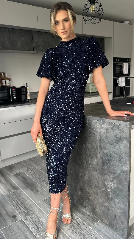 Rachelle Navy Sequin Bow Back Detail Midi Dress Vintage Inspired Fashion Sale