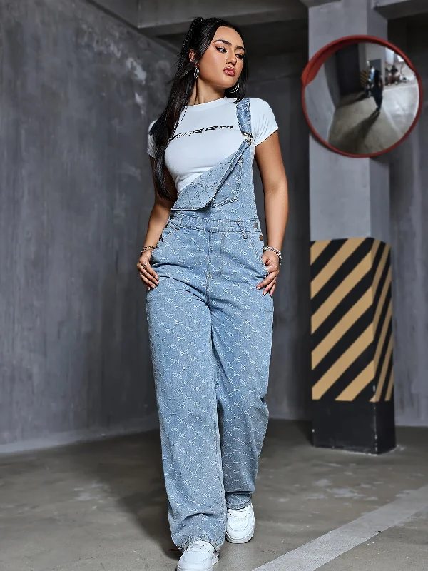 Women's Fashion Denim Overalls With Heart & Argyle Pattern, Comfortable Preppy Style, Versatile Washed Jean Jumpsuit With Pockets for autumn Hot Styles