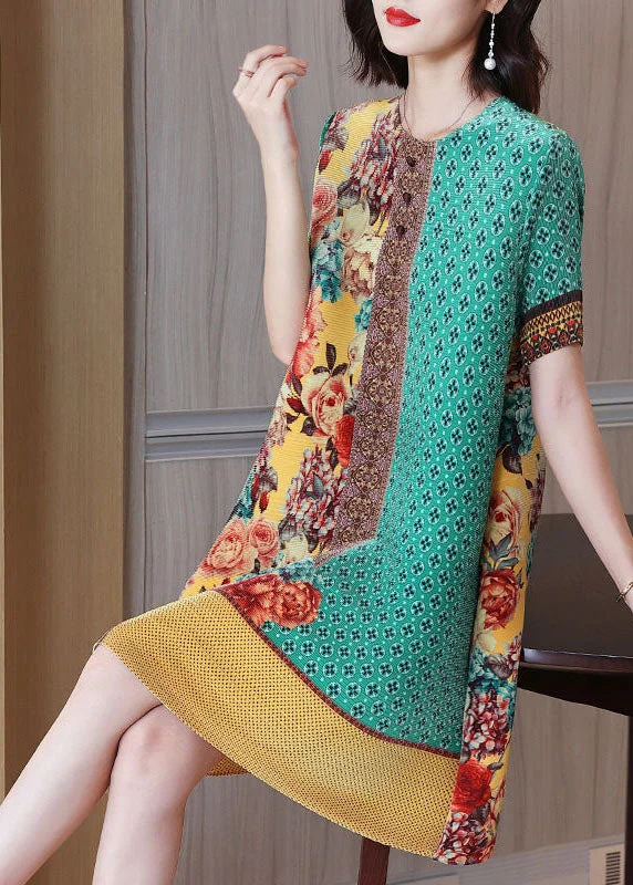 Simple Green Yellow O-Neck Wrinkled Print Silk Holiday Dress Short Sleeve Chic Sophistication