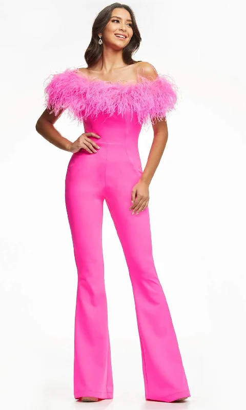 Ashley Lauren - 11100 Feather Neck Off Shoulder Jumpsuit Runway Inspired Wear