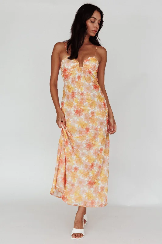 Arika Twist Back Midi Dress Floral Yellow End Of Season Sale