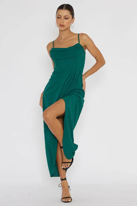 Patrice Draped Neck Split Midi Dress Forest Green Chic Style, Always In Vogue