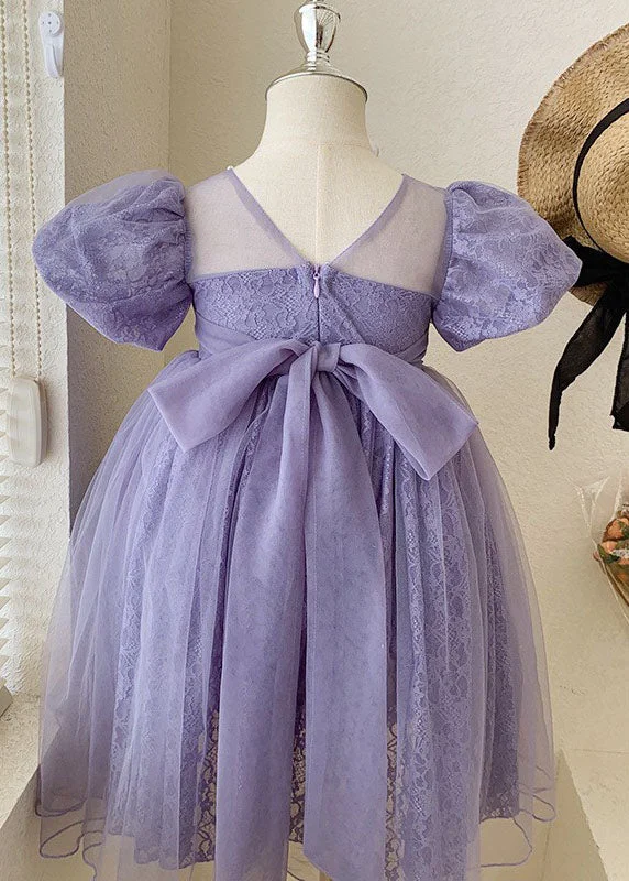 Handmade Purple Wrinkled Nail Bead Bow Patchwork Tulle Kids Girls Dresses Summer Trendy And Individual Women's Fashion