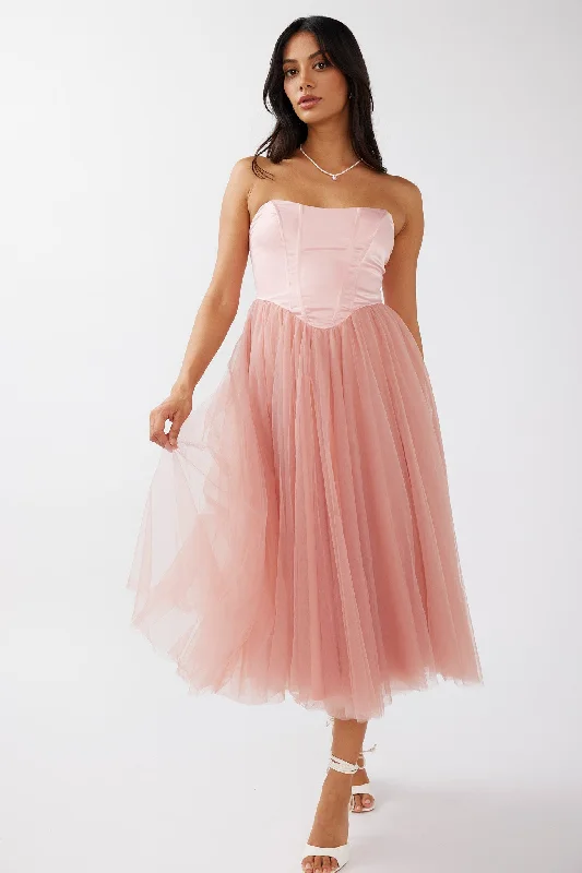 Rosemary Tulle Bustier Midi Dress Pink Cutting Edge Fashion