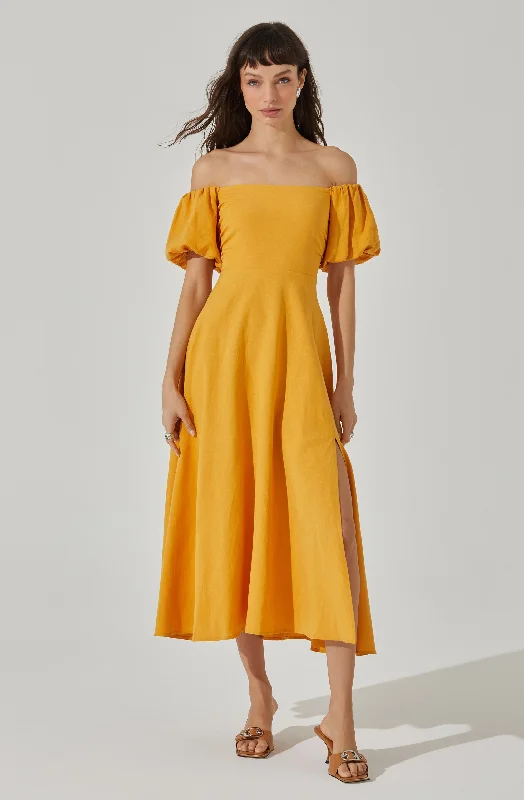 Off Shoulder Puff Sleeve Midi Dress Trend Setting Wardrobe