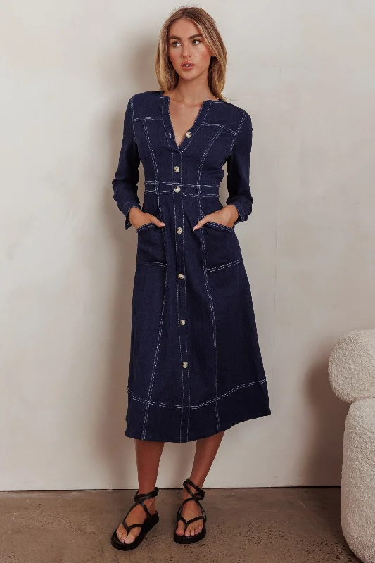 Aspen Love Front Pocket Long Sleeve Midi Dress Indigo Minimalist Chic