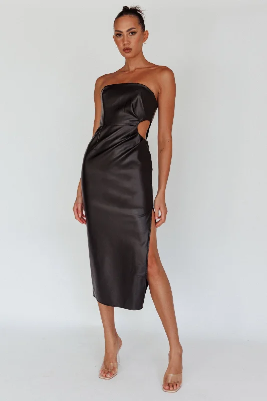 Taking Bets Strapless Midi Dress Leather Black Fashion Deal