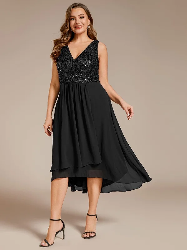 Plus Size Sequin Bodice V-Neck Sleeveless Chiffon Wedding Guest Dress Embrace New Fashion