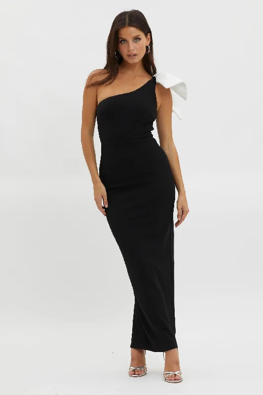 Tiffany One-Shoulder Bow Maxi Dress Black Feminine Allure