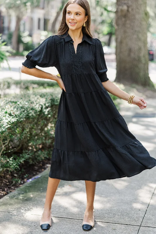 Looking For You Black Tiered Midi Dress Romantic Flair