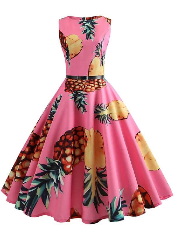 BerriesJam - 2024 Pineapple Print Pin Up Sleeveless A-Line Midi Party Dress Trend Setting Wardrobe