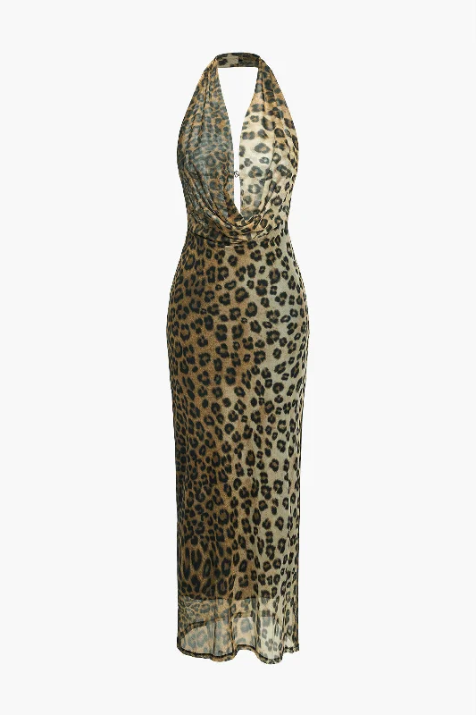 Leopard Print Mesh Cowl Neck Backless Maxi Dress Fashion Forward, Function First