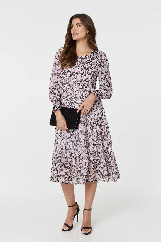 Floral Tiered Smock Midi Dress Spring Fashion