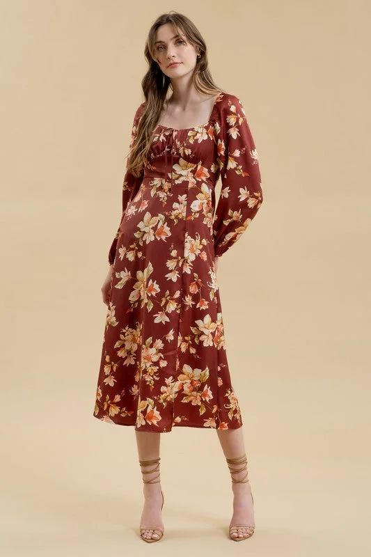 LAURIE FLORAL LONG SLEEVE SPLIT THIGH MIDI DRESS Chic & Cozy Apparel