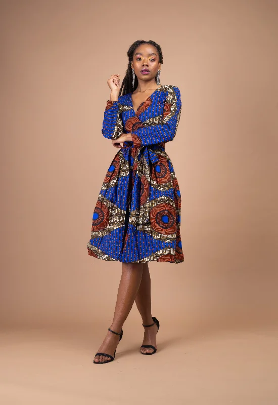 Jayne Ankara Midi Dress | Blue and Brown African Print Limited Time Offer