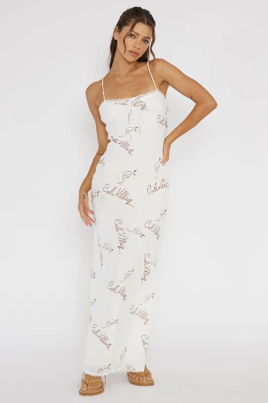 Cali Sunset Lace Trim Maxi Dress Print Tan Trendy Women's Wear