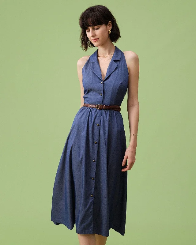 The Blue Lapel Tunic Sleeveless Midi Dress Stylish Statements