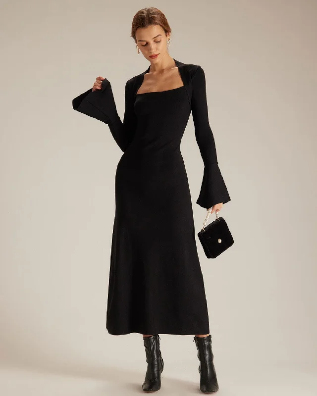 The Black Square Neck Flare Sleeve Midi Dress Quality Wear