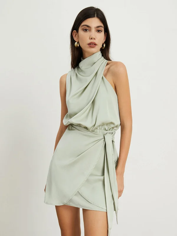 TastyHottie - Satin Mock Neck Ruched Short Dress Everyday Glamour