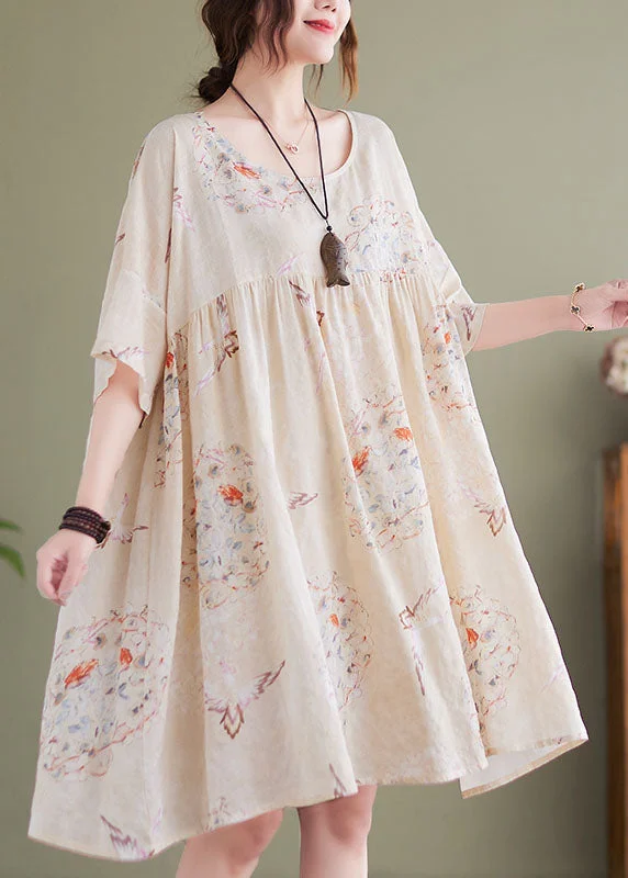 Plus Size Beige O-Neck Wrinkled Print Cotton Mid Dress Short Sleeve Hot Picks