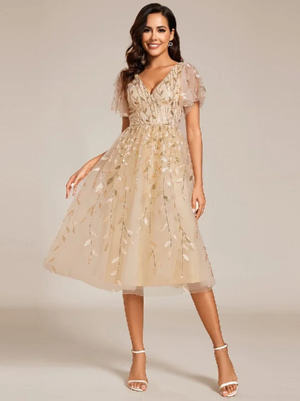 Gentle Coco | Short Sleeves Leaf Sequin A-Line Midi Formal Wedding Guest Dress Elegant Clothing