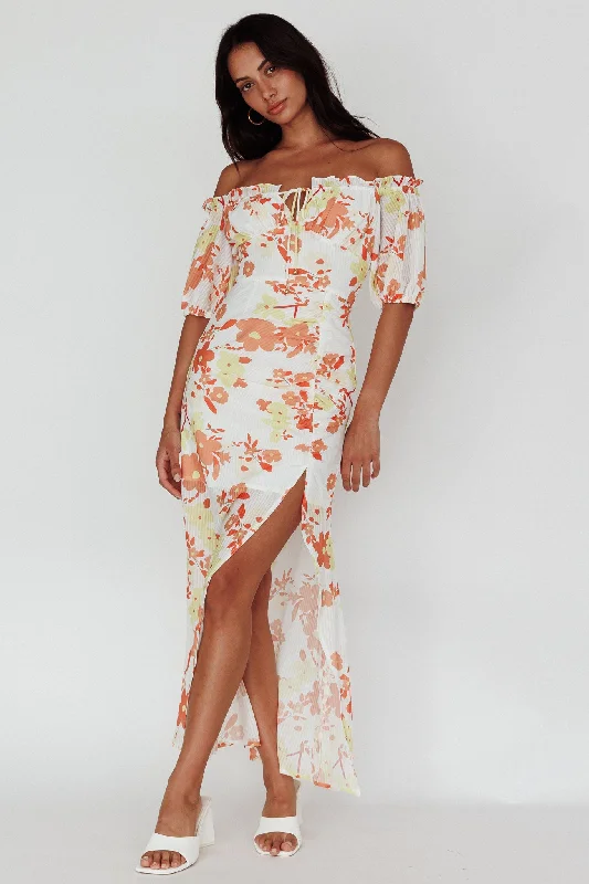 Jalynn Off-Shoulder Split Midi Dress Floral Orange Elevated Style