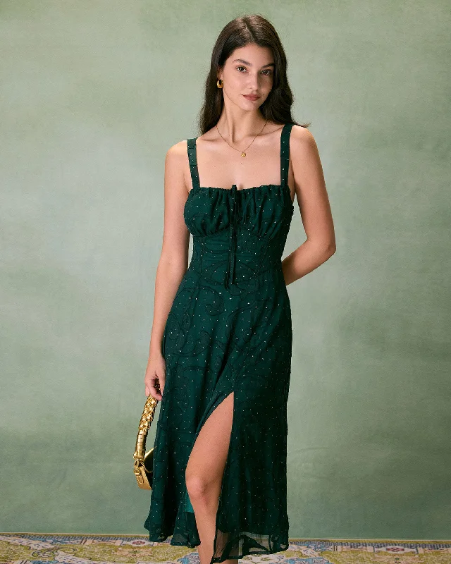 The Green Square Neck Jacquard Slit Midi Dress The Good Stuff