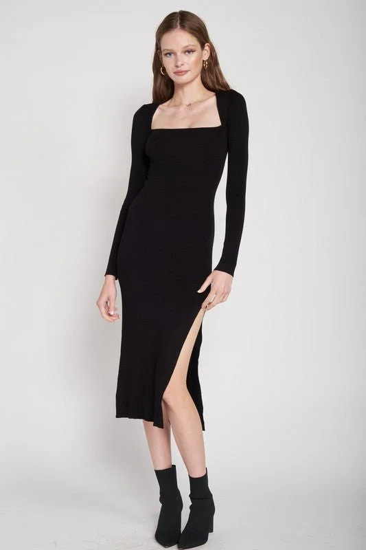 Square Neck Midi Dress Season Transition Versatile Wear Clearance