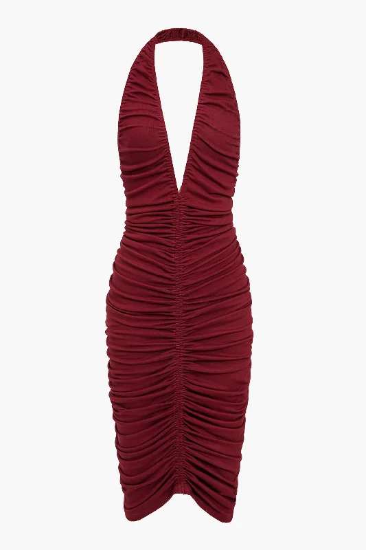 Solid Ruched Backless V-neck Midi Dress Seize Bargains