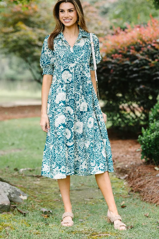 Take You There Peacock Green Abstract Midi Dress Seasonal Picks